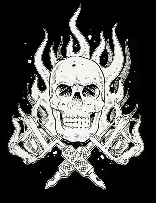 flaming skull tattoos. flaming skull and tattoo