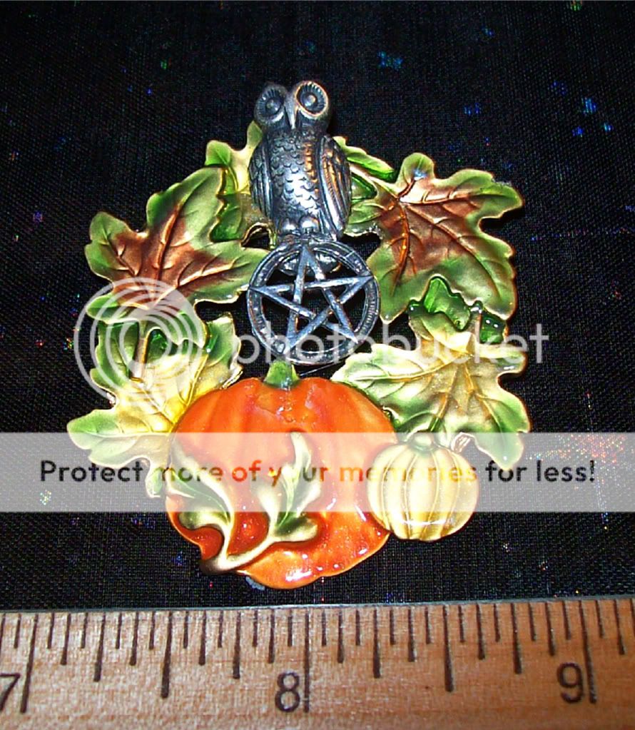 Pentacle Owl Wreath Pin, Samhain Autumn, Witch Wicca  